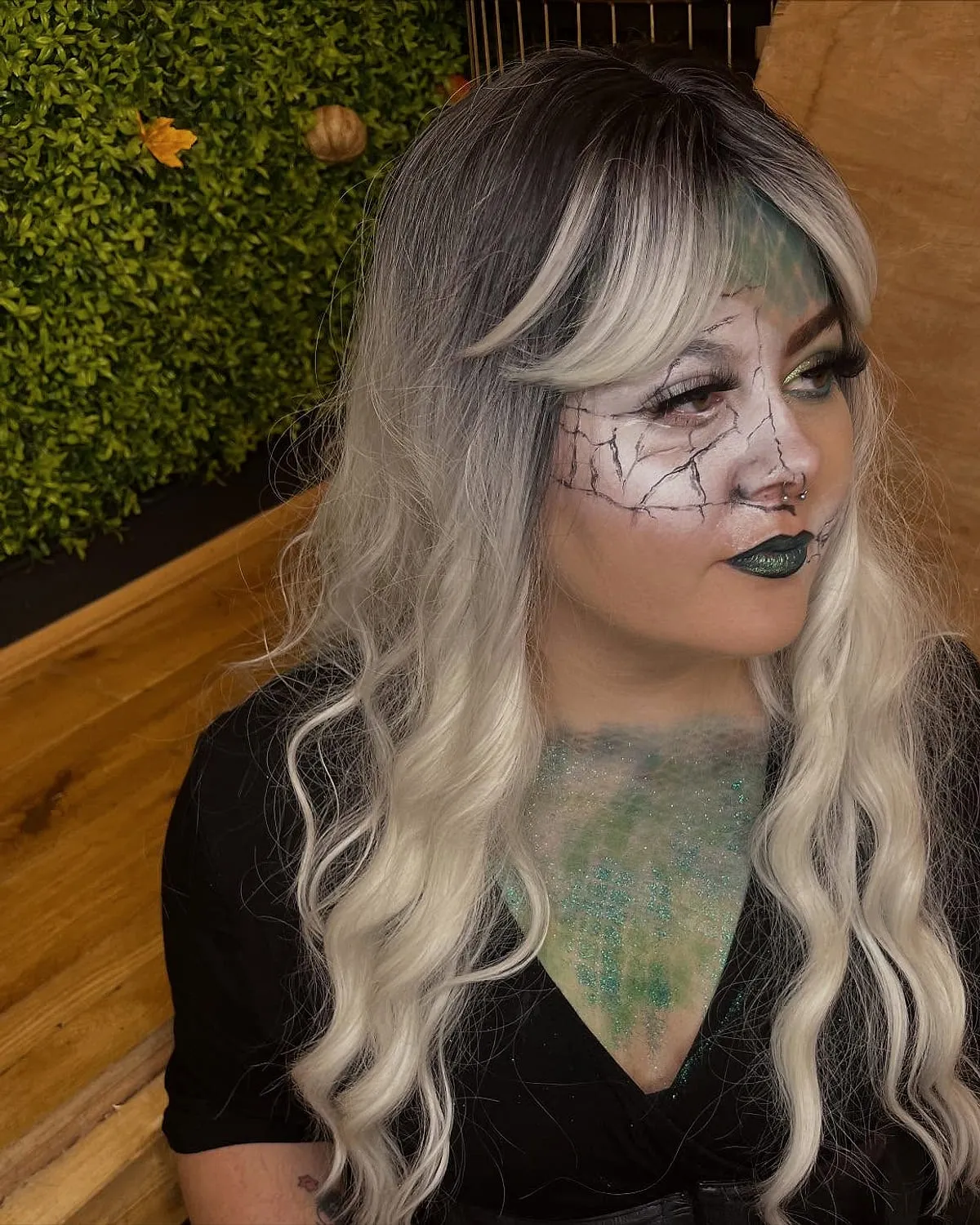 Cracked porcelain doll special-effects makeup, full look